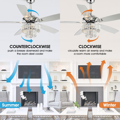 52" Nowthen Modern Crystal Chandelier Ceiling Fan With Led Light And Remote Control 5 Blades Chrome