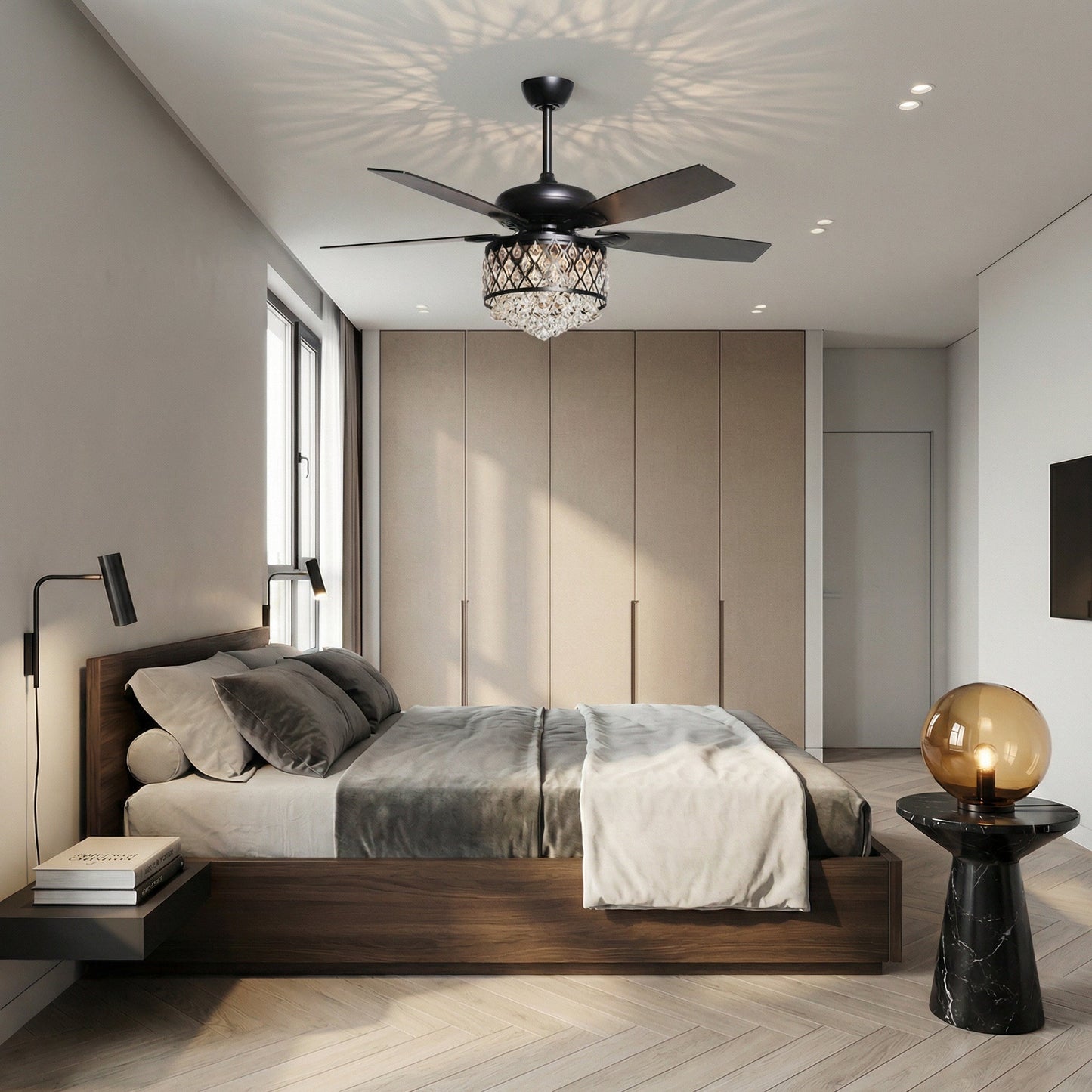 52” Wethington Modern Crystal Chandelier Ceiling Fan With Light And Remote Control Black