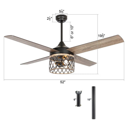 52" Mirelle Indoor Black Downrod Mounting Ceiling Fan with Light Kit and Remote