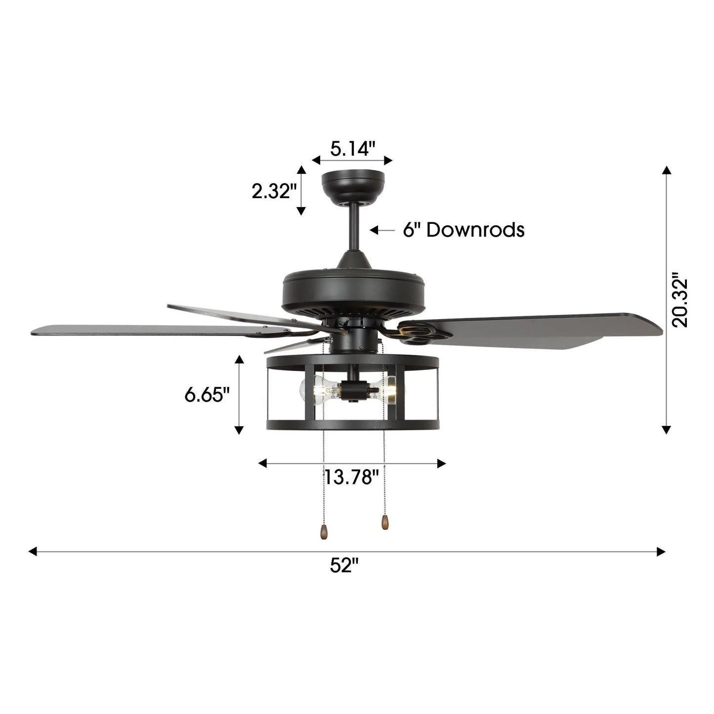 52" Urbana In Indoor Matte Black Industrial Ceiling Fan with Pull Chain and Light Kit