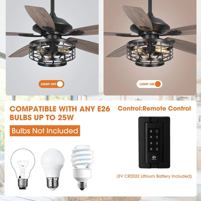 52" Paquette In Indoor Matte Black Industrial Ceiling Fan with Remote Control and Light Kit