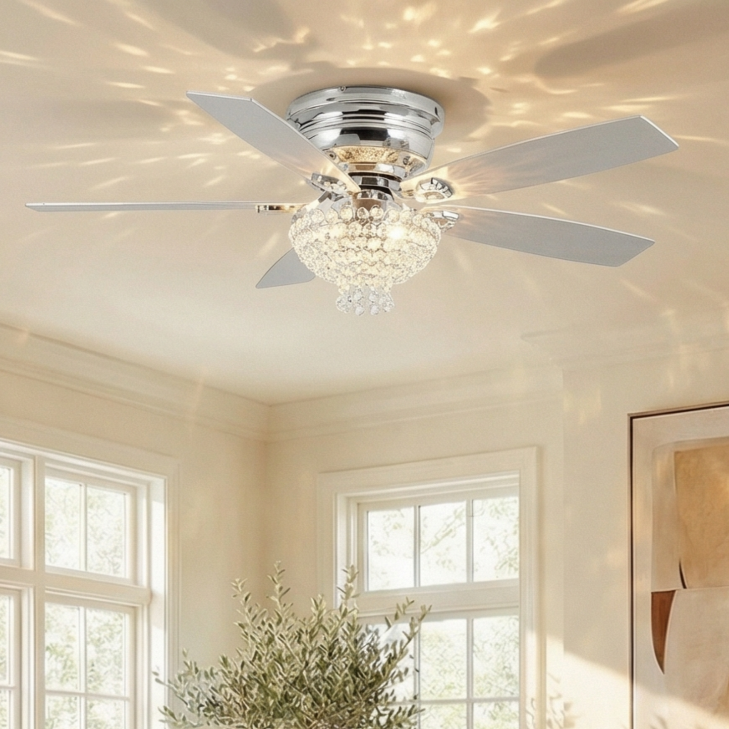 52" Modern Chrome Flush Mount Reversible Crystal Ceiling Fan With Lighting And Remote Control