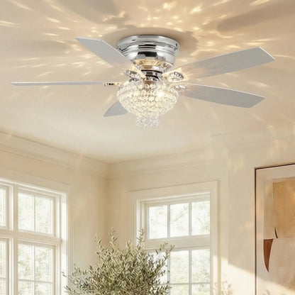 52" Modern Chrome Flush Mount Reversible Crystal Ceiling Fan with Lighting and Remote Control