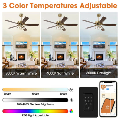 52 Inch Boyd Antique-bronze Golden Downrod Mount RGB LED Smart Fan