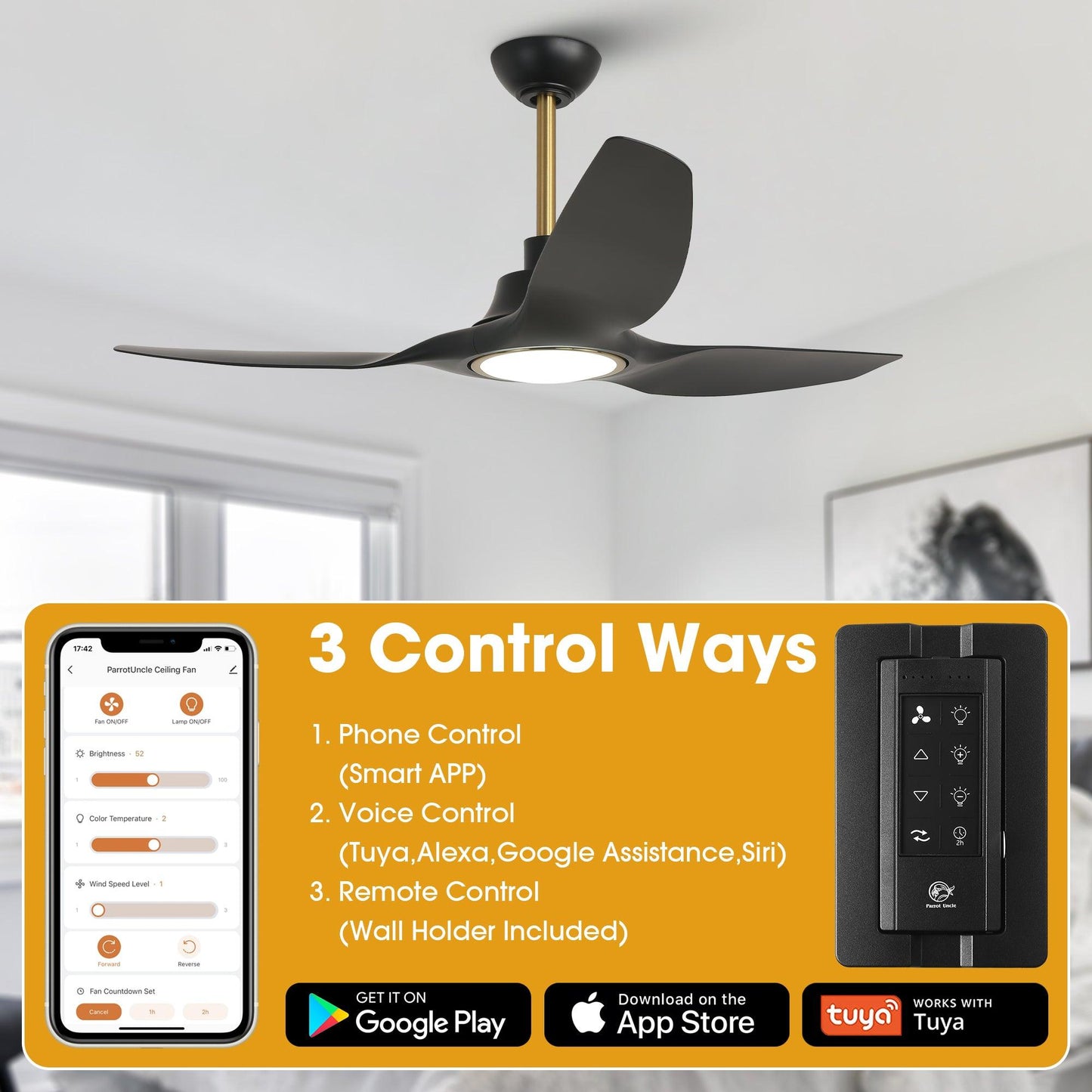 52" DC Motor 3 Blades Modern Downrod Mount Smart Fan with LED Light