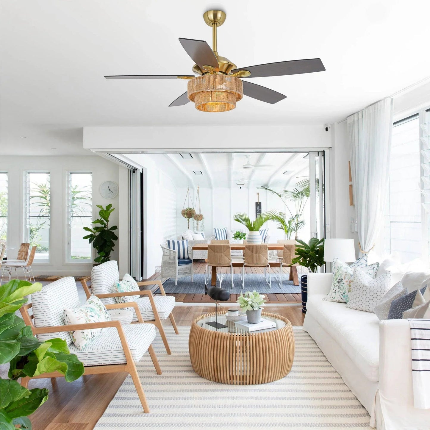 52 Inch Danube Farmhouse DC Motor Golden Downrod Ceiling Fan with Light
