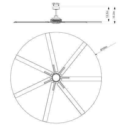 84 Inch 100 Inch Padus Black Large Size Ceiling Fan with Dimmable Lighting and Remote Control