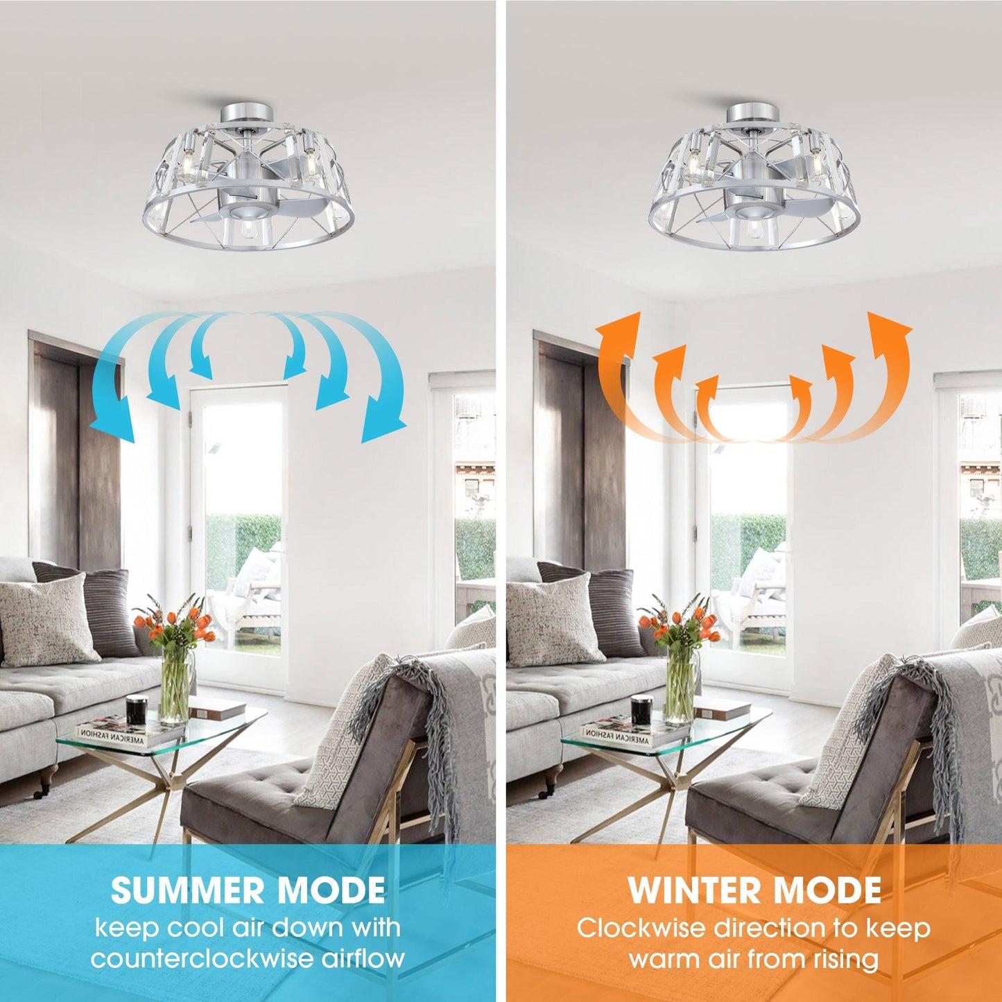 23" Modern Satin Nickel DC Motor Downrod Mount Reversible Fandelier Ceiling Fan with Lighting and Remote Control