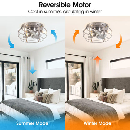 12" Flush Mount Low Profile Caged Small Ceiling Fan with Light and Remote Control