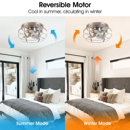 12" Flush Mount Low Profile Caged Small Ceiling Fan with Light and Remote Control
