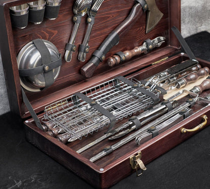 “Thor" Camping Accessories BBQ Skewers Set  in a Wooden Case, 42 items