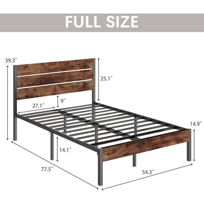 Full size Modern Farmhouse Metal Platform Bed Frame with Brown Wood Headboard