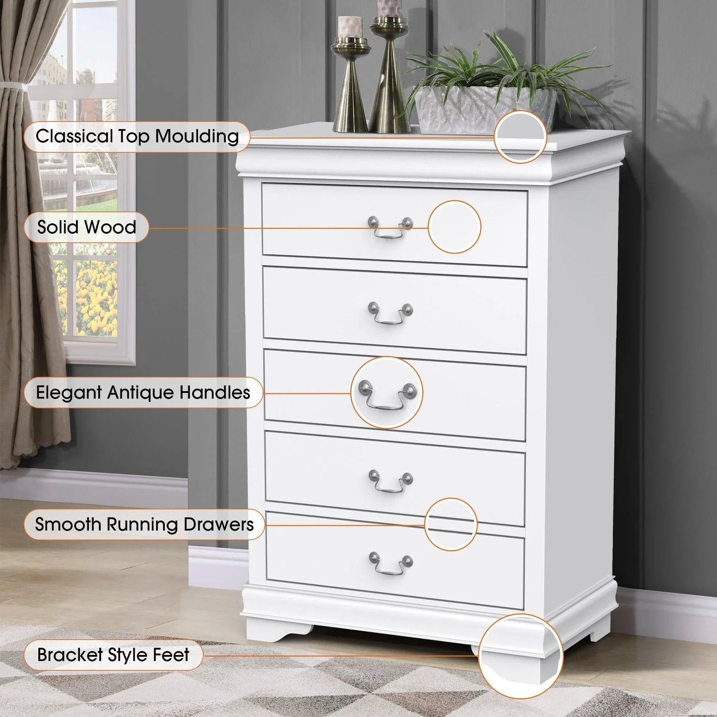Transitional 5-Drawer 31.5 in. Wide Chest of Drawers with Bracket Feet