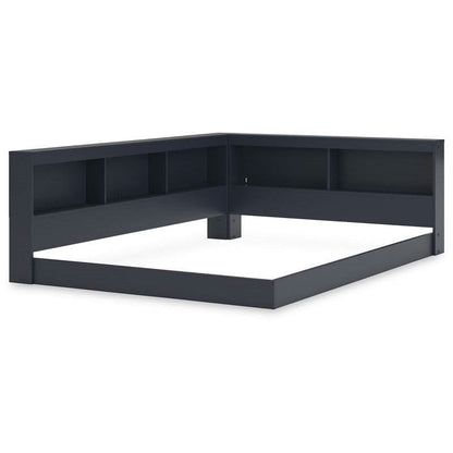 Full size Blue Wooden Corner Storage Bed with Bookcase Headboard and USB Ports