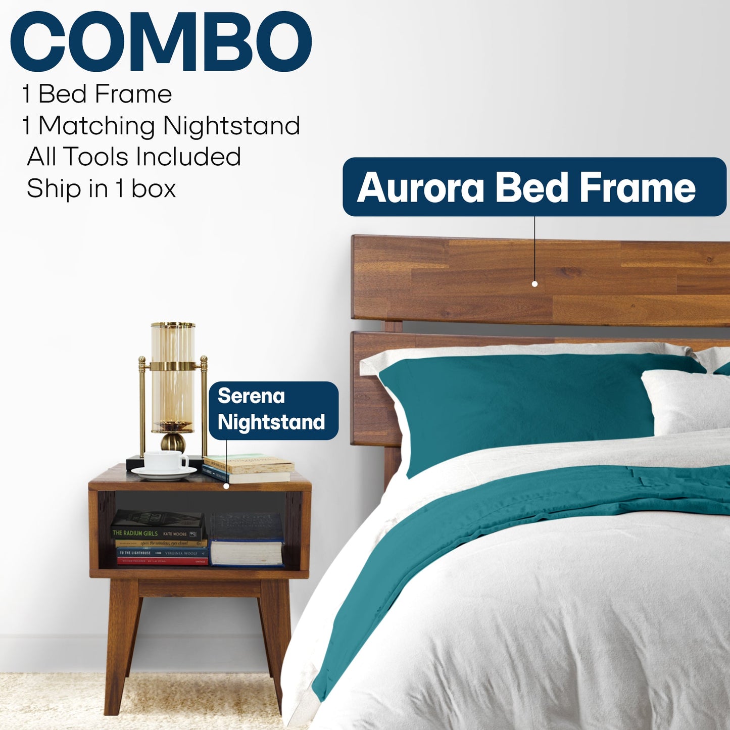 [Buy 1 Get 1] Aurora Solid Wood Bed Frame & Nightstand