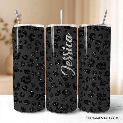 Black Glitter Leopard Print 20oz Personalized Tumbler With Lid and Stainless Steel Straw, Bold Animal Pattern Gift Cup