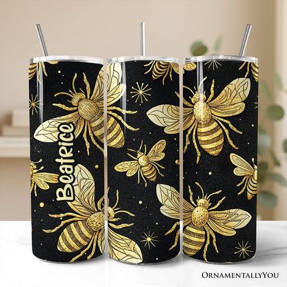 Black and Gold Bee Pattern 20oz Personalized Tumbler With Lid and Stainless Steel Straw, Elegant Apiarist Gift Cup