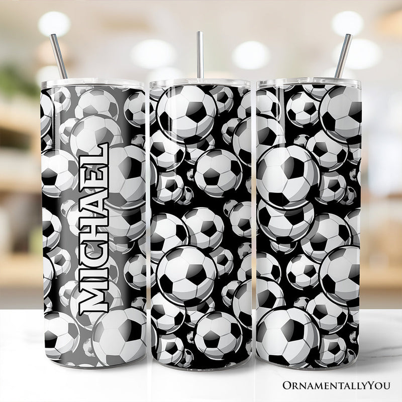 Black and White Soccer Ball 20oz Personalized Tumbler With Lid and Stainless Steel Straw, Football Sports Print Gift Cup