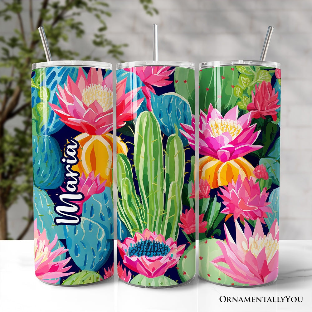 Blooming Desert Cactus Garden 20oz Personalized Tumbler With Lid and Stainless Steel Straw, Colorful Succulent Floral Gift Cup