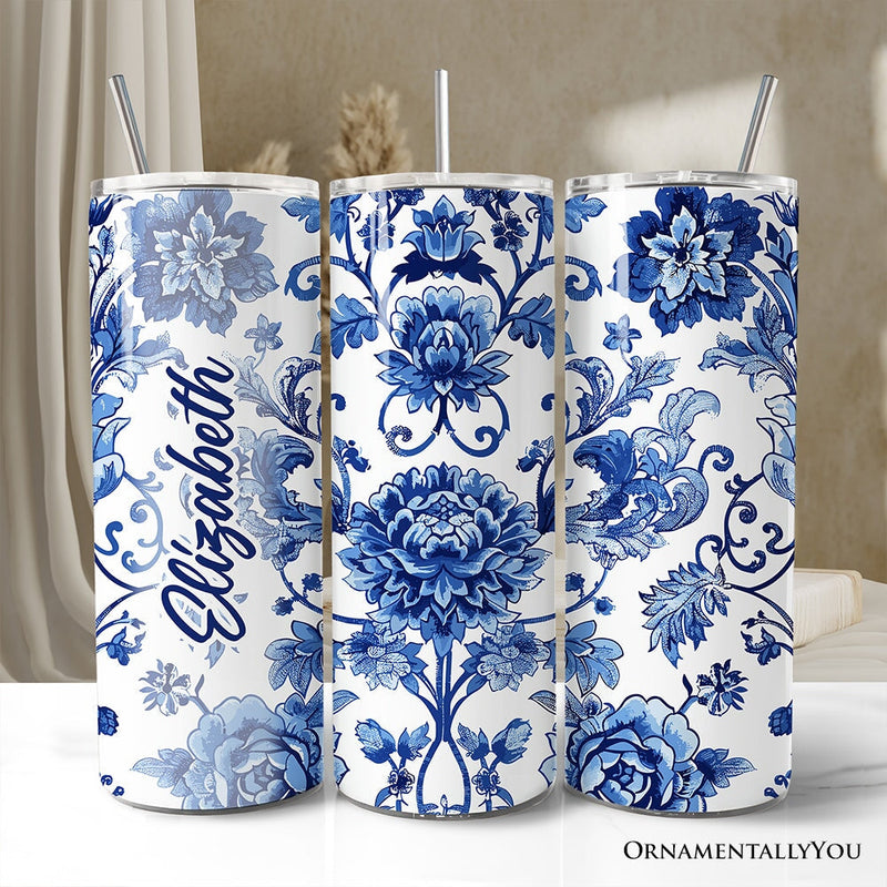 Blue and White Floral Pattern 20oz Personalized Tumbler With Lid and Stainless Steel Straw, Vintage Chinoiserie Porcelain Gift Cup