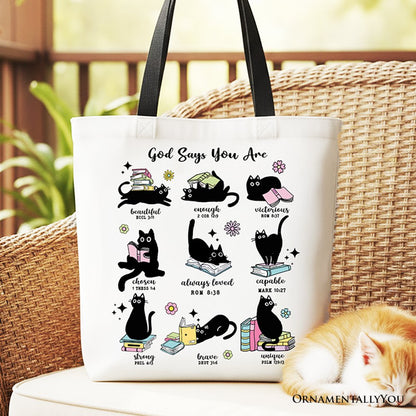 Book Cat God Says I Am Tote Bag, Christian Bible Verse Faith Gift Shopper