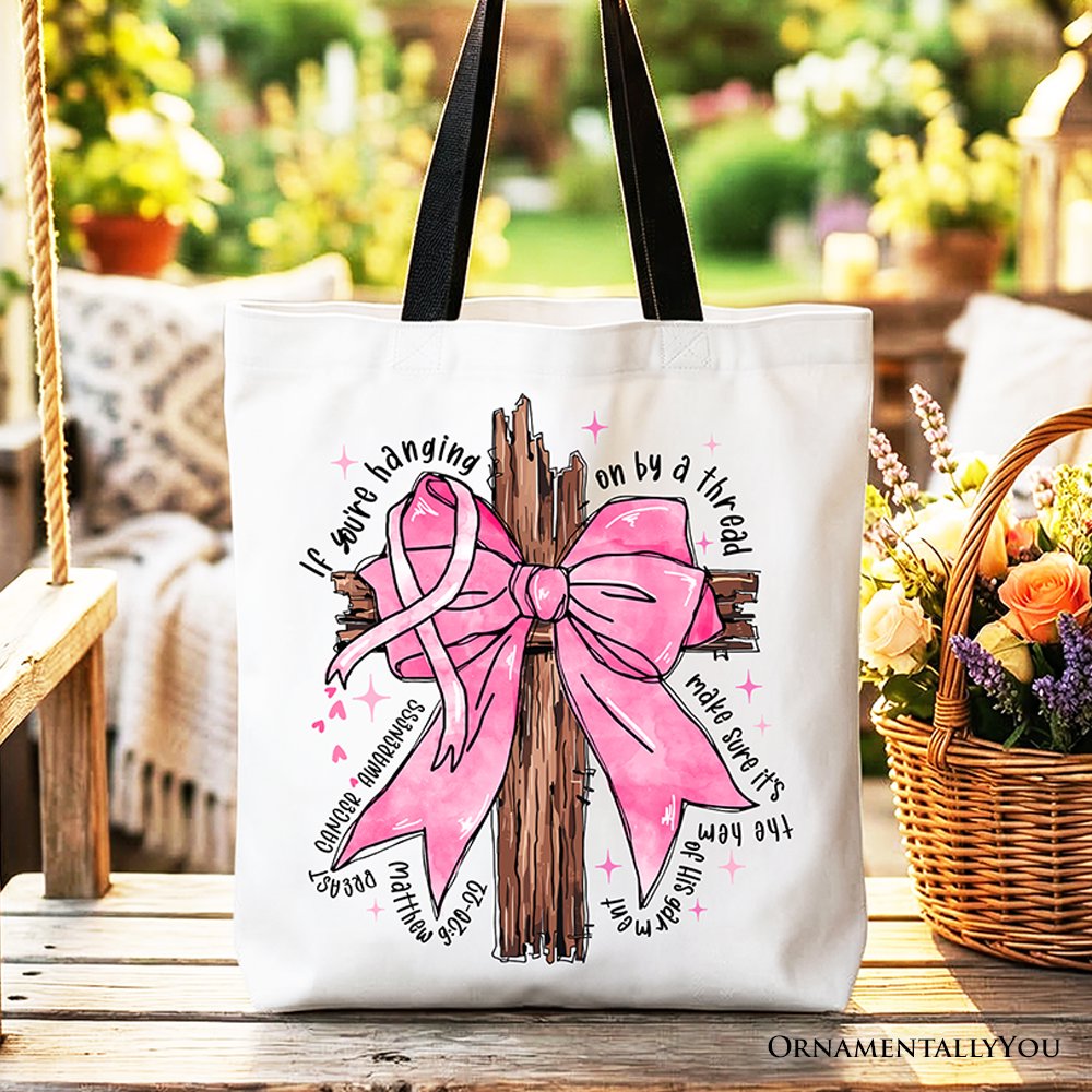 Breast Cancer Pink Bow Cross Tote Bag, Awareness Faith Christian Gift Shopper