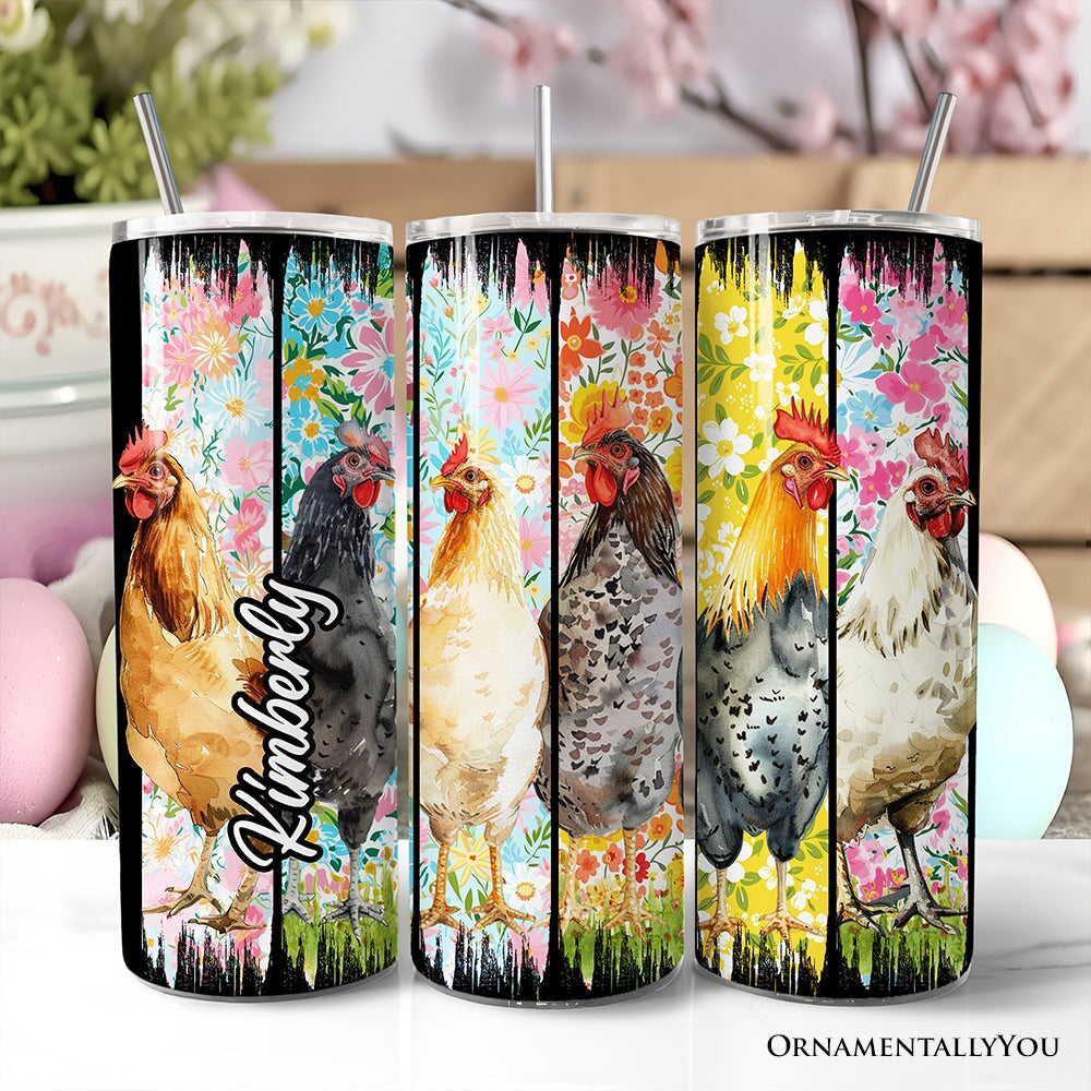Brushstrokes Chicken Farm 20oz Personalized Tumbler With Lid and Stainless Steel Straw, Colorful Floral Farmlife Gift Cup