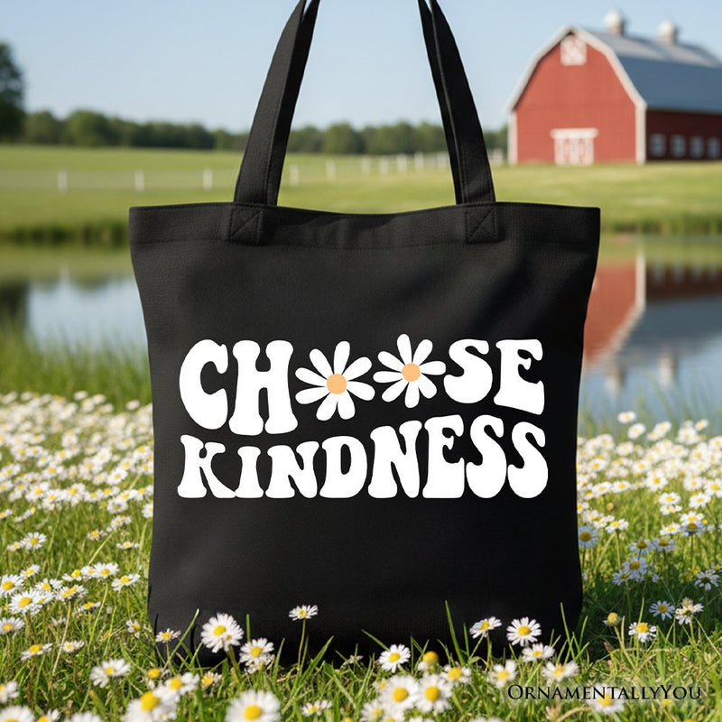 Choose Kindness Daisies Tote Bag, Retro Groovy Positive Quote Gift Shopper