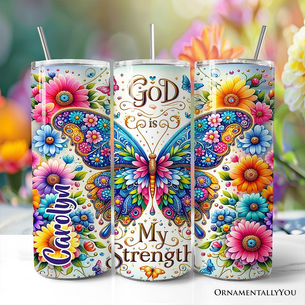Christian Butterfly Floral 20oz Personalized Tumbler With Lid and Stainless Steel Straw, God Is My Strength Gift Cup