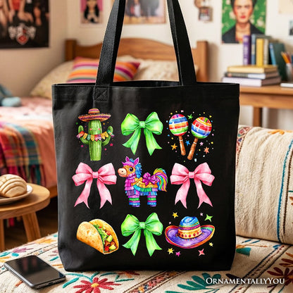 Cinco De Mayo Coquette Bow Tote Bag, Mexican Fiesta Maracas Gift Shopper