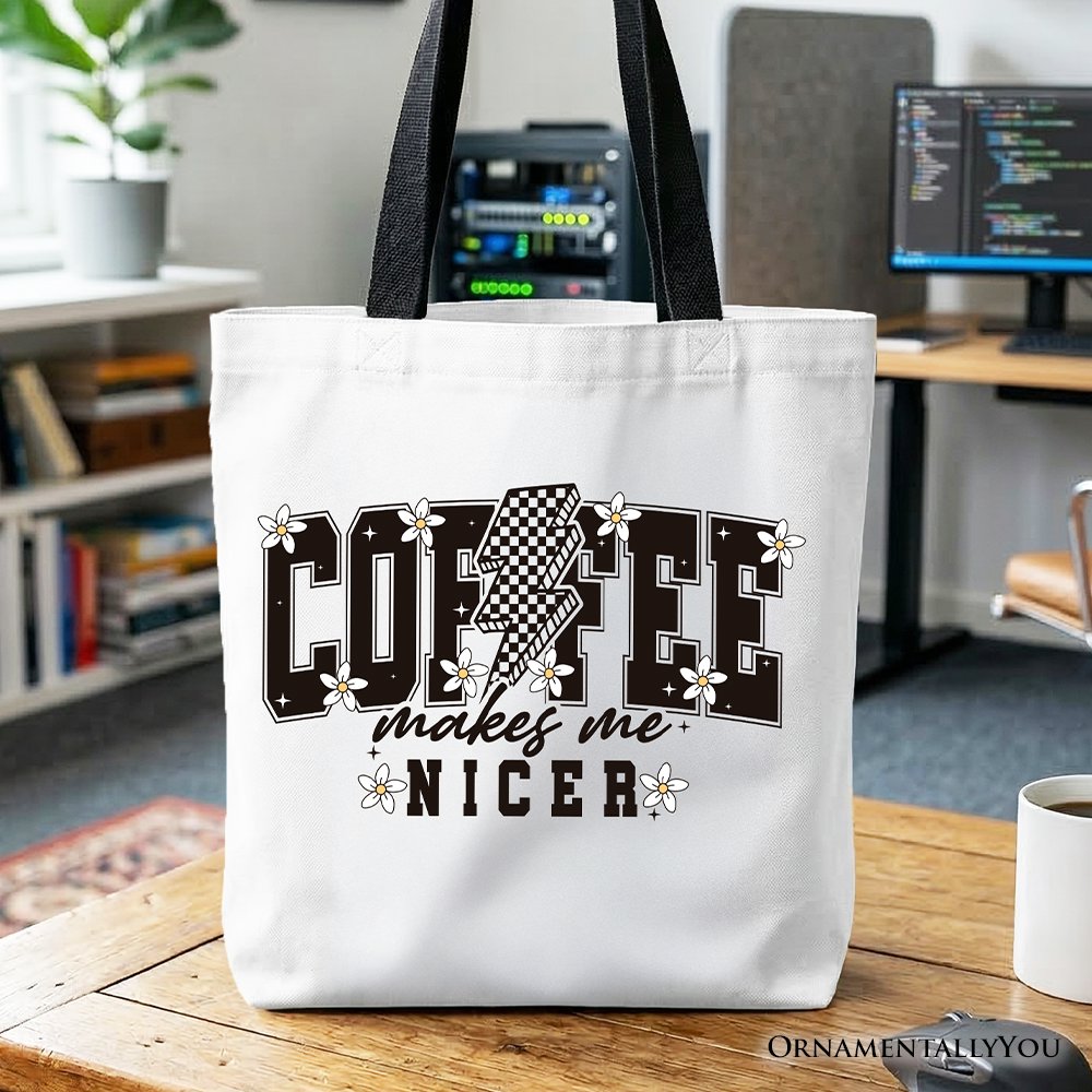 Coffee Makes Me Nicer Retro Tote Bag, Trendy Gift Shopper for Stylish Women and Caffeine Lovers