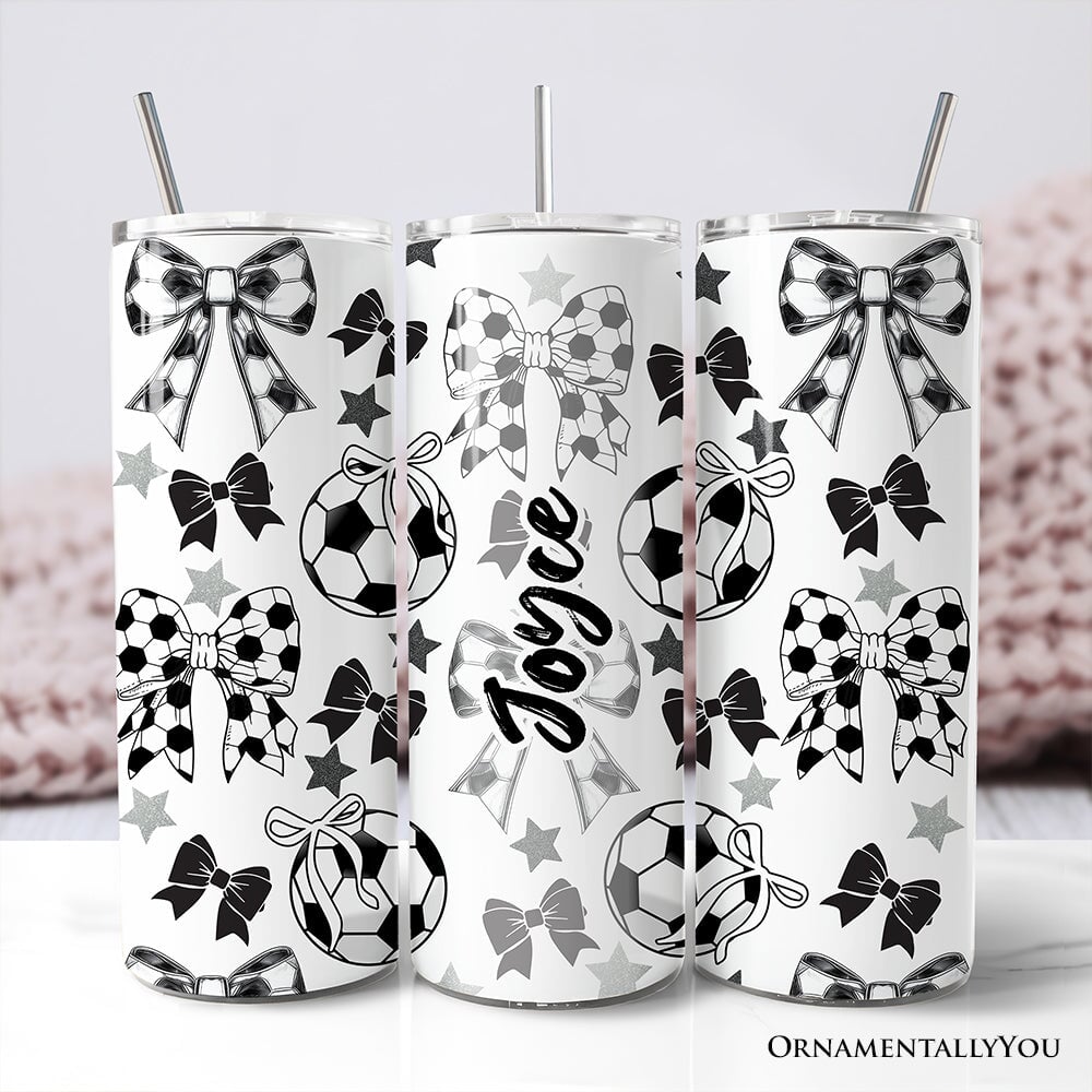 Coquette Black and White Soccer Bow 20oz Personalized Tumbler With Lid and Stainless Steel Straw, Sporty Girls Pattern Gift Cup