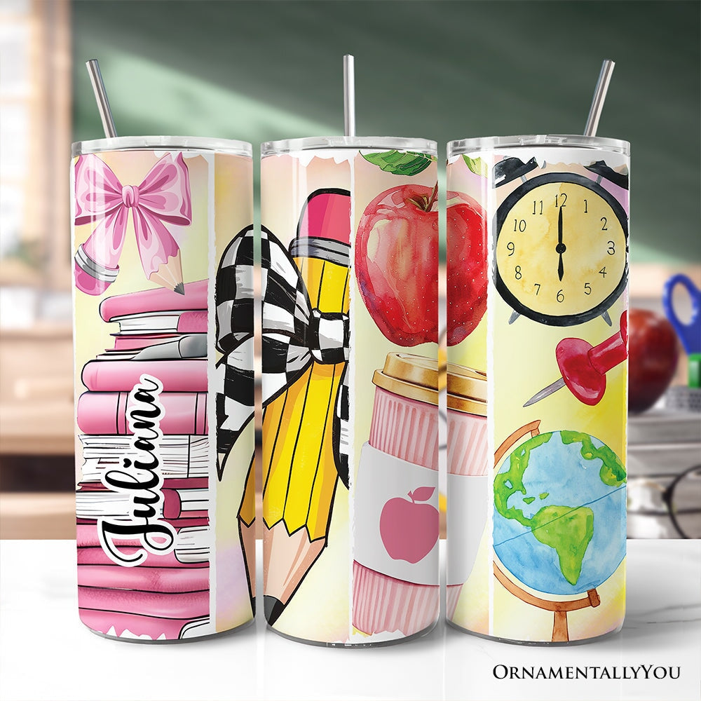 Coquette Pink Teacher 20oz Personalized Tumbler With Lid and Stainless Steel Straw, Retro School Brushstrokes Gift Cup