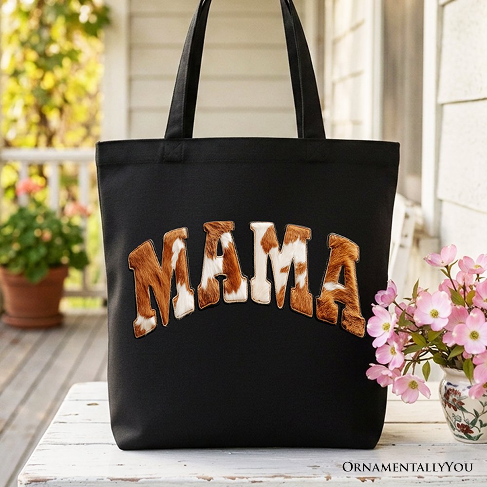 Cow Print Mama Western Tote Bag, Faux Cowhide Mom Gift Shopper