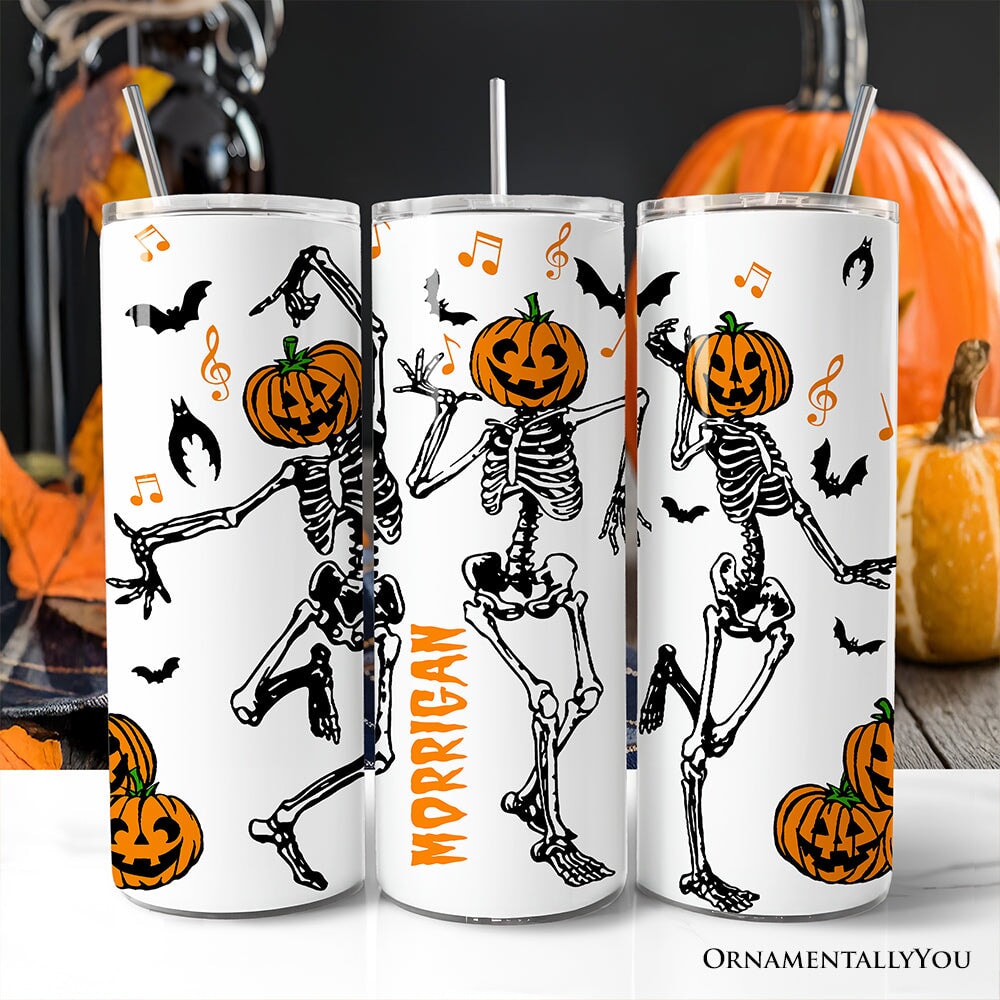 Dancing Skeletons with Pumpkin Head 20oz Personalized Tumbler With Lid and Stainless Steel Straw, Funny Dry Bones Come Alive Halloween Gift Cup