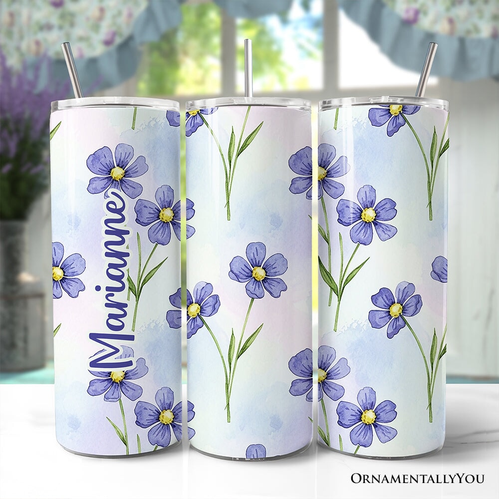 Delicate Blue Wildflowers 20oz Personalized Tumbler With Lid and Stainless Steel Straw, Soft Pastel Floral Pattern Gift Cup