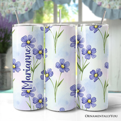 Delicate Blue Wildflowers 20oz Personalized Tumbler With Lid and Stainless Steel Straw, Soft Pastel Floral Pattern Gift Cup
