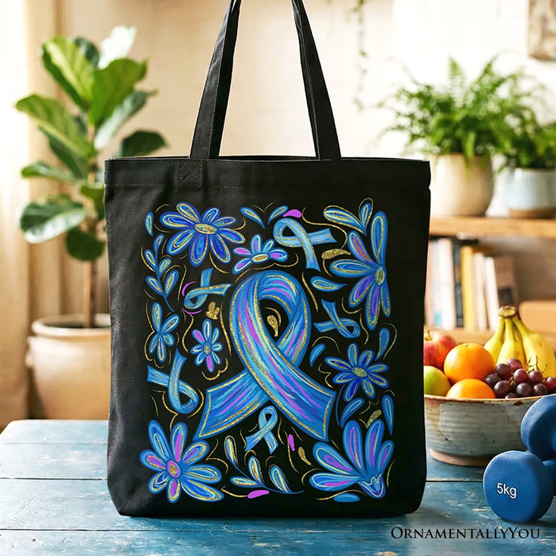 Diabetes Blue Ribbon Floral Tote Bag, Awareness Support Gift Shopper