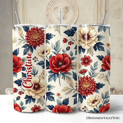 Elegant Red and Cream Flowers 20oz Personalized Tumbler With Lid and Stainless Steel Straw, Classic Floral Pattern Gift Cup