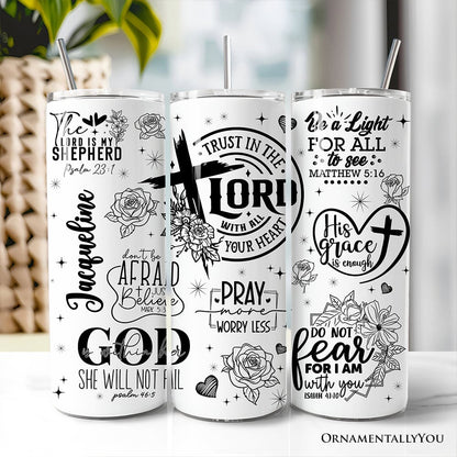 Floral Cross Bible Verses 20oz Personalized Tumbler With Lid and Stainless Steel Straw, Vintage Christian Affirmation Gift Cup