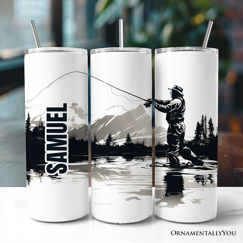 Fly Fishing Mountain Lake Scene 20oz Personalized Tumbler With Lid and Stainless Steel Straw, Angler Outdoor Adventure Gift Cup