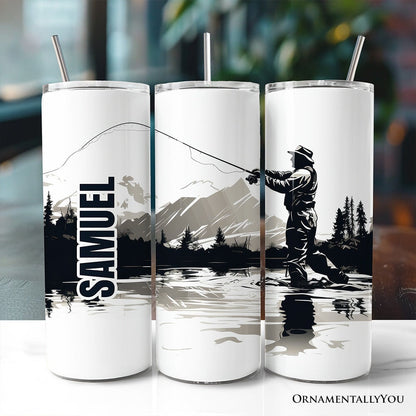 Fly Fishing Mountain Lake Scene 20oz Personalized Tumbler With Lid and Stainless Steel Straw, Angler Outdoor Adventure Gift Cup