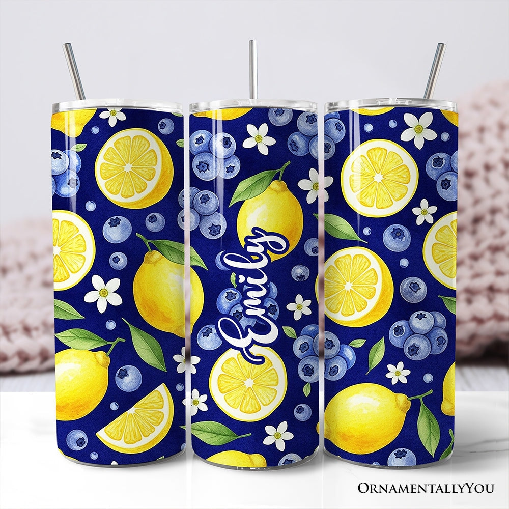 Fresh Lemon and Blueberry Pattern 20oz Personalized Tumbler With Lid and Stainless Steel Straw, Summer Citrus Fruit Gift Cup