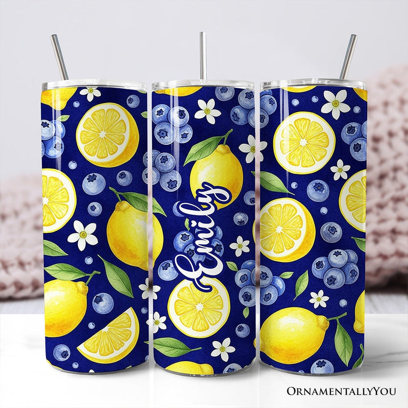 Fresh Lemon and Blueberry Pattern 20oz Personalized Tumbler With Lid and Stainless Steel Straw, Summer Citrus Fruit Gift Cup