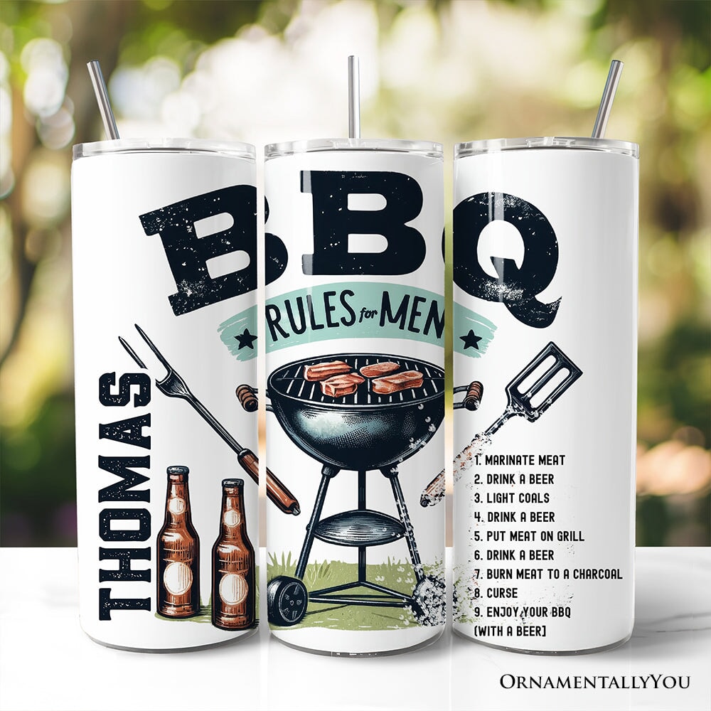 Funny BBQ Rules For Men 20oz Personalized Tumbler With Lid and Stainless Steel Straw, Backyard Grill Guide Humor Gift Cup