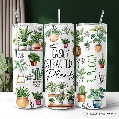 Funny Botanical Life 20oz Personalized Tumbler With Lid and Stainless Steel Straw, Easily Distracted By Plants Gift Cup