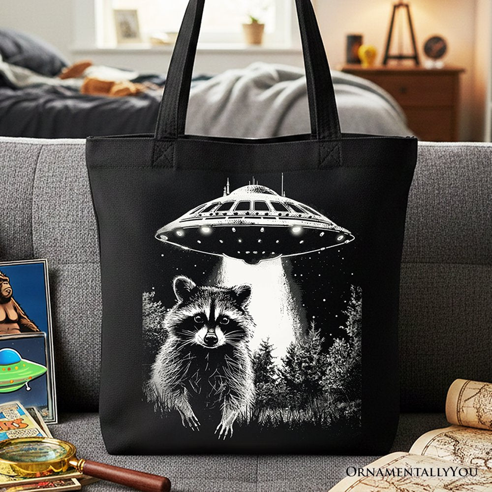 Funny UFO Raccoon Tote Bag, Gift Shopper for Alien Enthusiasts