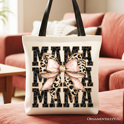 Glitter Leopard Mama Tote Bag, Coquette Bow Gift Shopper for Glam and Trendy Mothers
