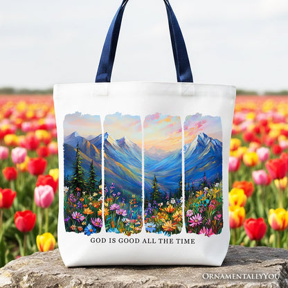 God Is Good All the Time Mountain Christian Canvas Tote Bag, Wildflower Brushstroke Bible Verse Faith Gift Shopper