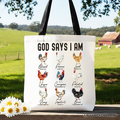 God Says I Am Christian Tote Bag, Rooster and Chicken Gift Shopper for Farm Style Lovers